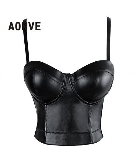 Women Summer Sexy Top PU Leather Festival Clothing Tops Bralette Cropped Top Female Punk Goth Clubwear Black Red Plus Size $3...