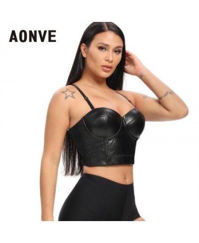 Women Summer Sexy Top PU Leather Festival Clothing Tops Bralette Cropped Top Female Punk Goth Clubwear Black Red Plus Size $3...