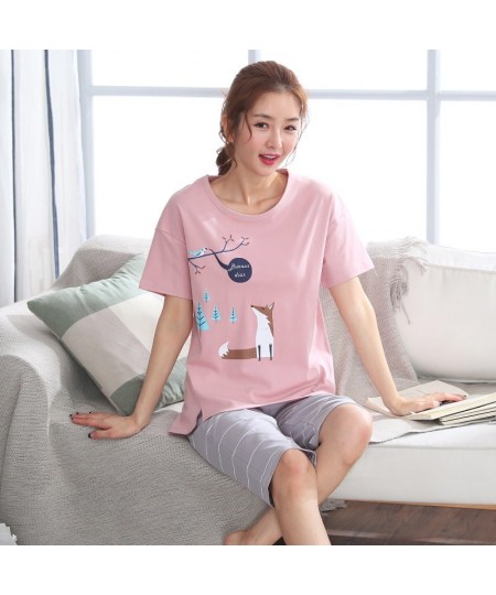 Summer 100%Cotton Cartoon Women Pajamas Set Round Neck Casual M-5XL Female Pyjamas Short Top+Short Pants $35.22 - Sleepwears