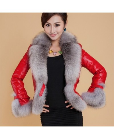 Winter Leather Jacket Women Coat Faux Fox Fur Collar Short Coat PU Leather Female Jacket Elegant Motorcycle Zipper Outerwear ...