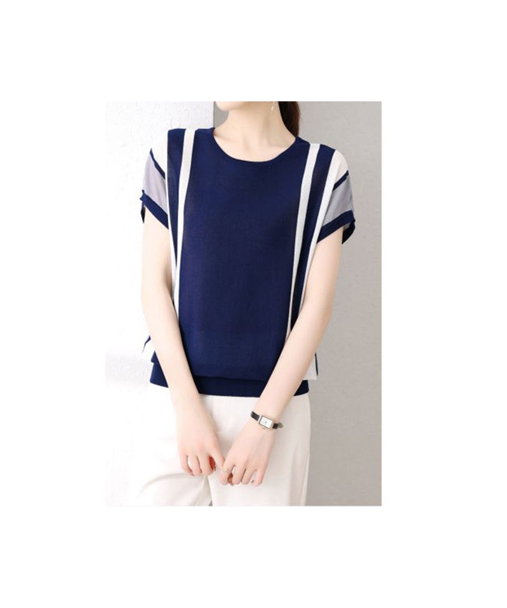 Summer Ice Silk Elegant Striped Patchwork Thin Knitted Sweater for Women Fashion Loose O Neck Short Sleeve Pullover Ladies To...