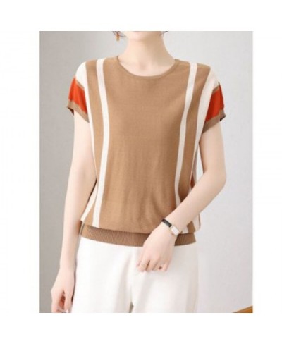 Summer Ice Silk Elegant Striped Patchwork Thin Knitted Sweater for Women Fashion Loose O Neck Short Sleeve Pullover Ladies To...