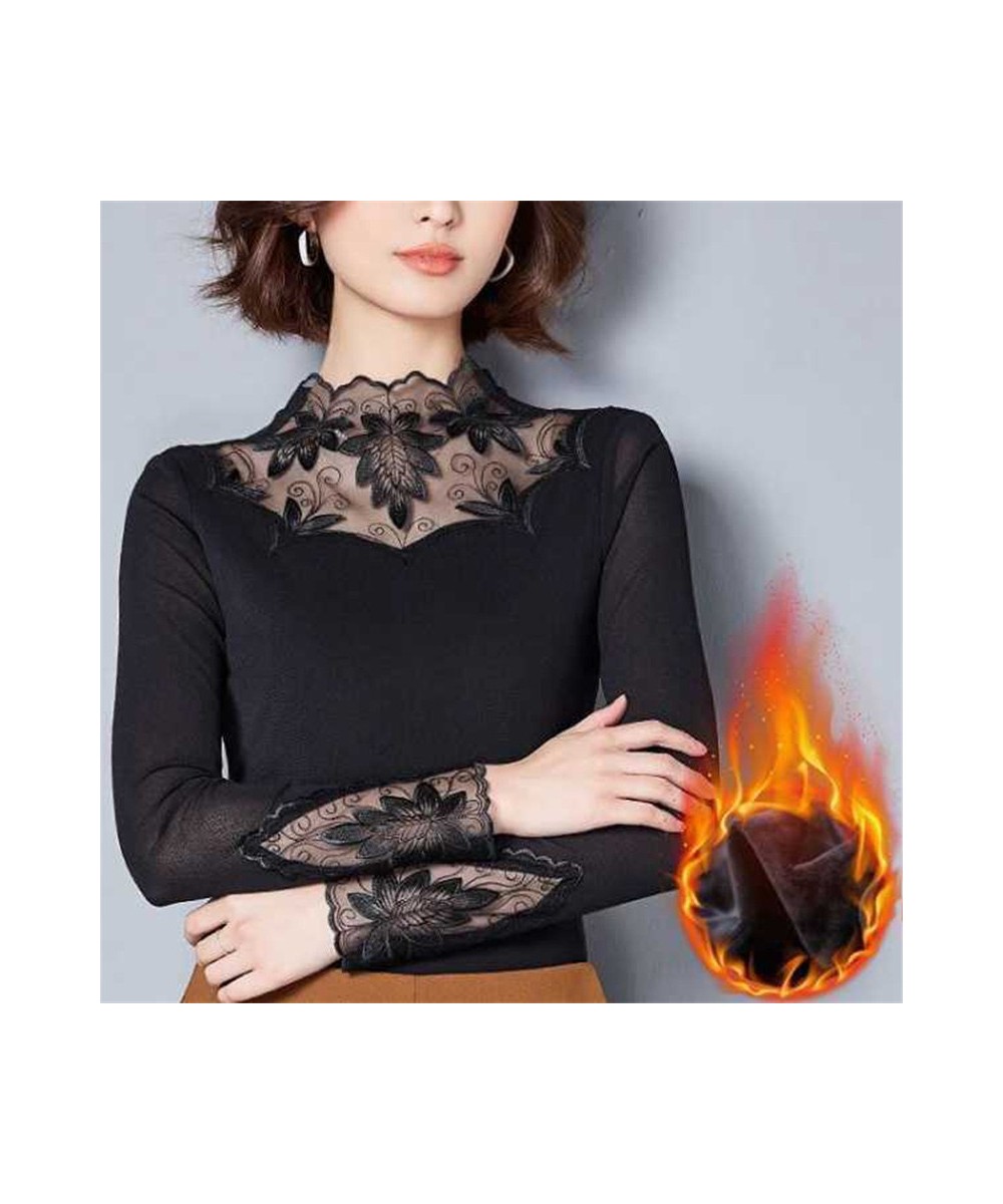 Winter Sexy Elegant Fashion Black Khaki Lace Mesh Patchwork Velvet Warm Basic T Shirt Women Long Sleeve Slim Top Female $32.8...