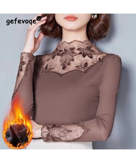 Winter Sexy Elegant Fashion Black Khaki Lace Mesh Patchwork Velvet Warm Basic T Shirt Women Long Sleeve Slim Top Female $32.8...