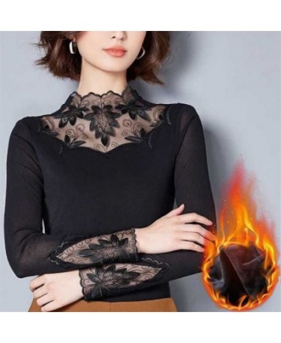 Winter Sexy Elegant Fashion Black Khaki Lace Mesh Patchwork Velvet Warm Basic T Shirt Women Long Sleeve Slim Top Female $32.8...