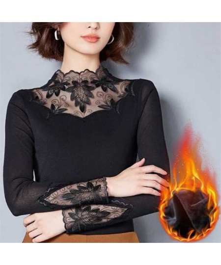 Winter Sexy Elegant Fashion Black Khaki Lace Mesh Patchwork Velvet Warm Basic T Shirt Women Long Sleeve Slim Top Female $32.8...