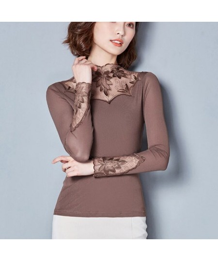 Winter Sexy Elegant Fashion Black Khaki Lace Mesh Patchwork Velvet Warm Basic T Shirt Women Long Sleeve Slim Top Female $32.8...