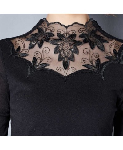 Winter Sexy Elegant Fashion Black Khaki Lace Mesh Patchwork Velvet Warm Basic T Shirt Women Long Sleeve Slim Top Female $32.8...