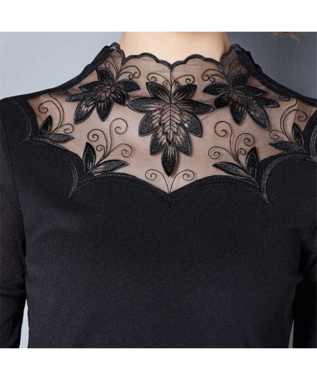 Winter Sexy Elegant Fashion Black Khaki Lace Mesh Patchwork Velvet Warm Basic T Shirt Women Long Sleeve Slim Top Female $32.8...