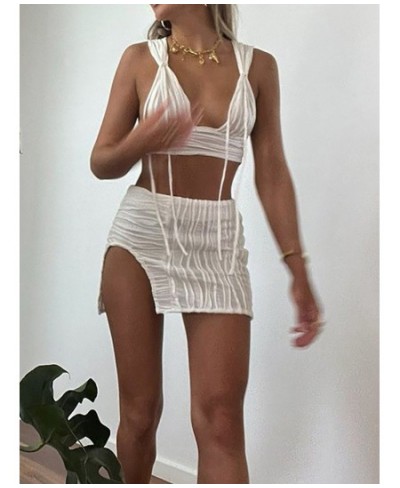 2022 Fashion Sexy Solid Color Two-Piece Women Set Short Top Elastic Waist Side Split Mini Skirt Homewear Ladies Sleepwear $39...