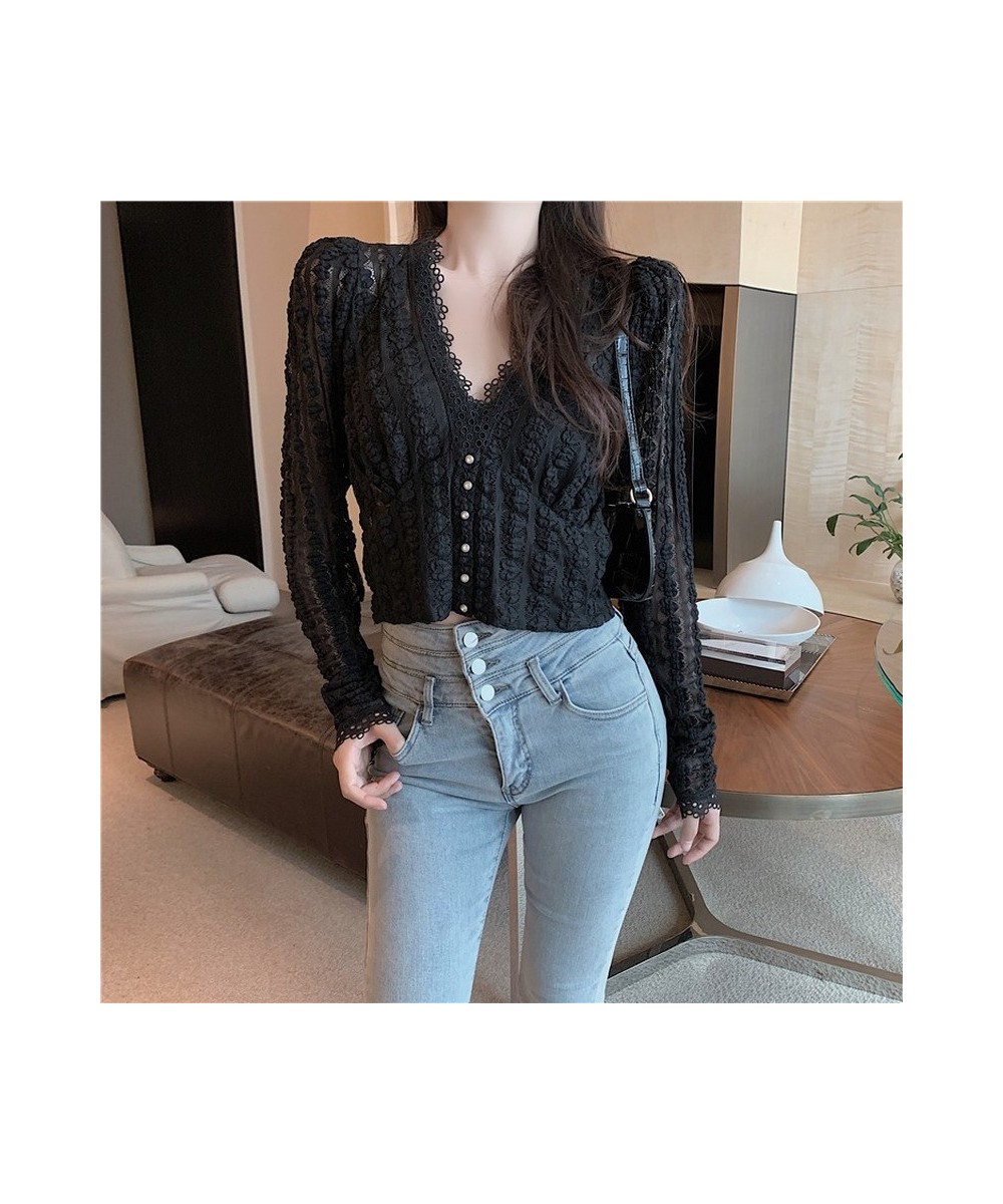 Women Lace V-neck Casual Vintage Elegant Blouse Autumn Long Sleeve Tops Korean Sweet Short White Shirt Women Blusas Mujer 118...