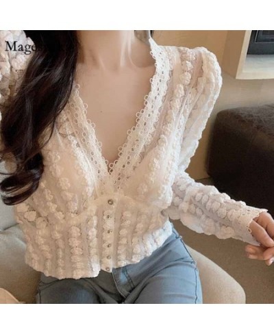 Women Lace V-neck Casual Vintage Elegant Blouse Autumn Long Sleeve Tops Korean Sweet Short White Shirt Women Blusas Mujer 118...