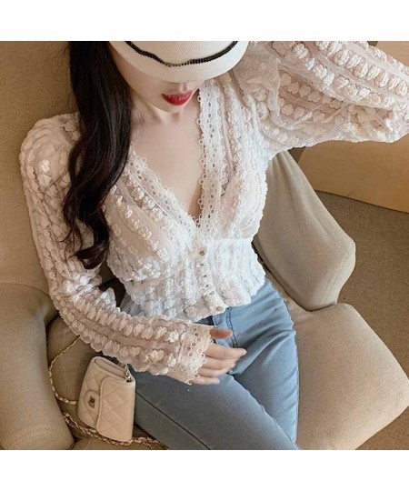 Women Lace V-neck Casual Vintage Elegant Blouse Autumn Long Sleeve Tops Korean Sweet Short White Shirt Women Blusas Mujer 118...