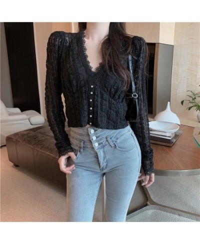 Women Lace V-neck Casual Vintage Elegant Blouse Autumn Long Sleeve Tops Korean Sweet Short White Shirt Women Blusas Mujer 118...