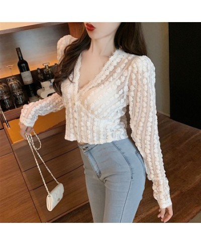 Women Lace V-neck Casual Vintage Elegant Blouse Autumn Long Sleeve Tops Korean Sweet Short White Shirt Women Blusas Mujer 118...