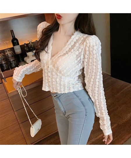 Women Lace V-neck Casual Vintage Elegant Blouse Autumn Long Sleeve Tops Korean Sweet Short White Shirt Women Blusas Mujer 118...