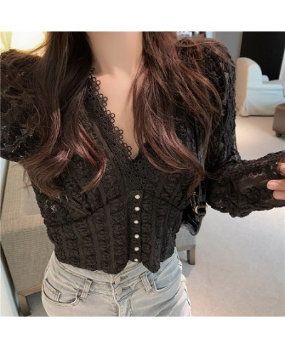 Women Lace V-neck Casual Vintage Elegant Blouse Autumn Long Sleeve Tops Korean Sweet Short White Shirt Women Blusas Mujer 118...