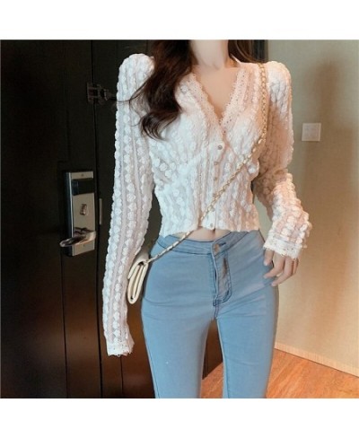 Women Lace V-neck Casual Vintage Elegant Blouse Autumn Long Sleeve Tops Korean Sweet Short White Shirt Women Blusas Mujer 118...