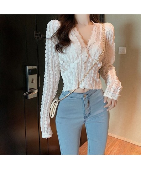 Women Lace V-neck Casual Vintage Elegant Blouse Autumn Long Sleeve Tops Korean Sweet Short White Shirt Women Blusas Mujer 118...