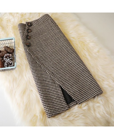 Houndstooth-breasted Woolen Mid-length Skirt Winter New Style High Waist Slimming Retro Skirt Thick Woolen Skirt Trend S-XXL ...