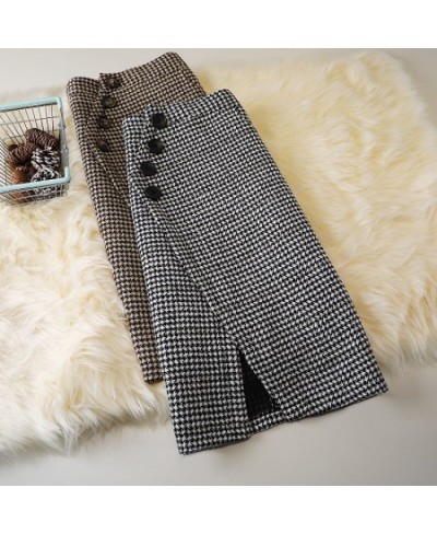 Houndstooth-breasted Woolen Mid-length Skirt Winter New Style High Waist Slimming Retro Skirt Thick Woolen Skirt Trend S-XXL ...