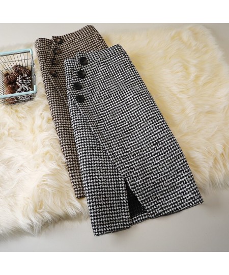 Houndstooth-breasted Woolen Mid-length Skirt Winter New Style High Waist Slimming Retro Skirt Thick Woolen Skirt Trend S-XXL ...