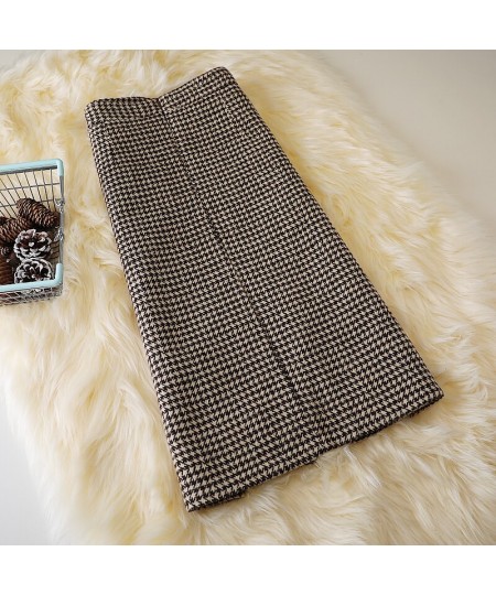 Houndstooth-breasted Woolen Mid-length Skirt Winter New Style High Waist Slimming Retro Skirt Thick Woolen Skirt Trend S-XXL ...