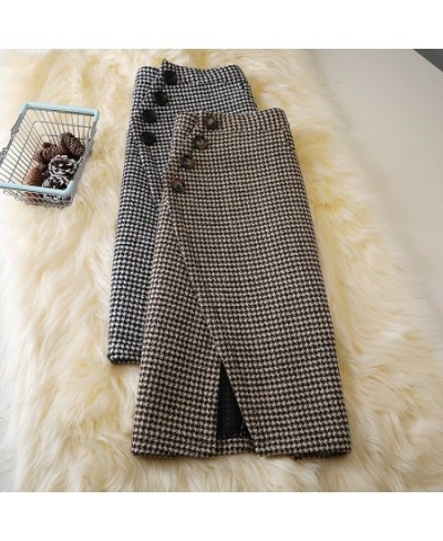 Houndstooth-breasted Woolen Mid-length Skirt Winter New Style High Waist Slimming Retro Skirt Thick Woolen Skirt Trend S-XXL ...