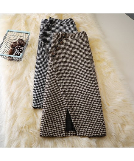 Houndstooth-breasted Woolen Mid-length Skirt Winter New Style High Waist Slimming Retro Skirt Thick Woolen Skirt Trend S-XXL ...