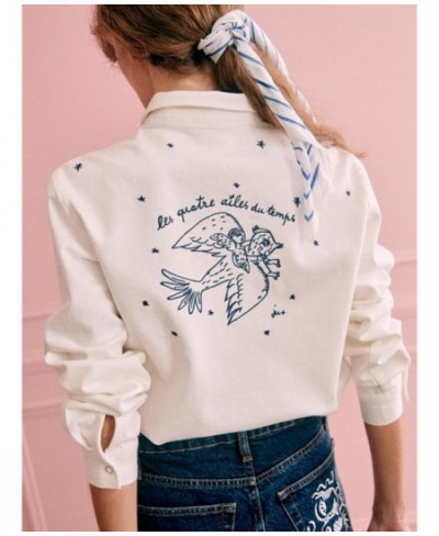 Rowling Mirror Dove of Peace Embroidery Denim Button Shirt Women Lapel Long Sleeve Single Breasted Blouse Office Lady Tops 20...