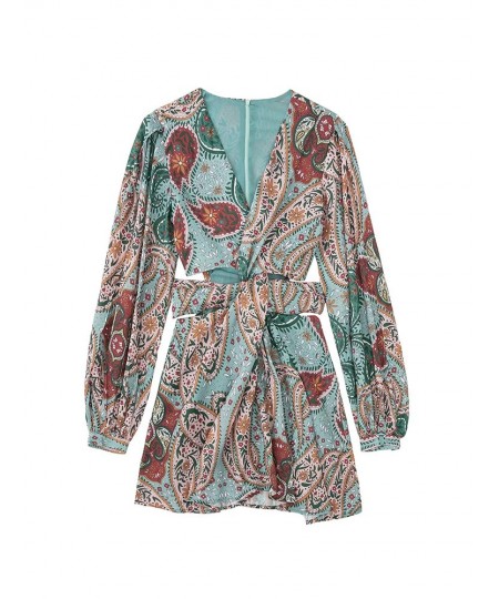 Women Elegant With Print Hollow Out Mini Dress Summer Pleated Full Sleeves Tied V-Neck Back Zippers Vintage Vestidos $38.50 -...