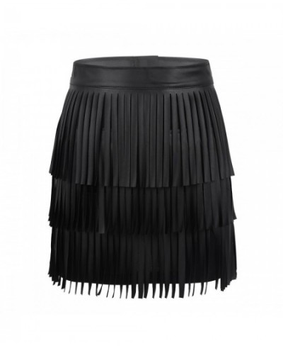 Women Black Hippie Boho PU Leather High Waist Layered Fringe Tassel Fringe Sexy Bodycon Skirt Party Clubwear Mini Skirt $37.0...