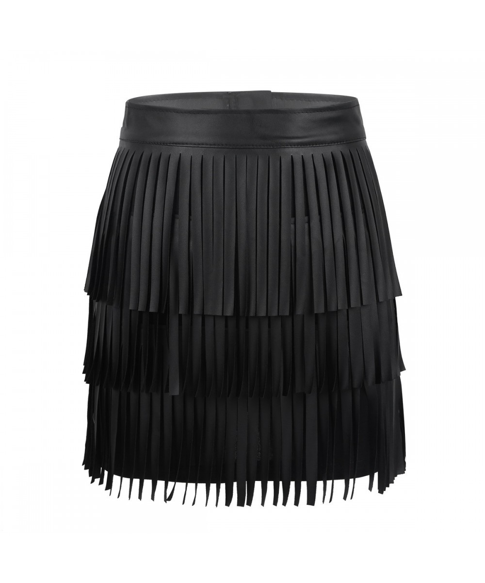 Women Black Hippie Boho PU Leather High Waist Layered Fringe Tassel Fringe Sexy Bodycon Skirt Party Clubwear Mini Skirt $37.0...