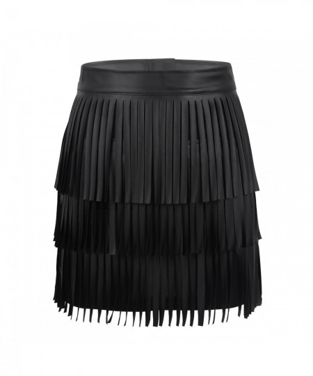 Women Black Hippie Boho PU Leather High Waist Layered Fringe Tassel Fringe Sexy Bodycon Skirt Party Clubwear Mini Skirt $37.0...