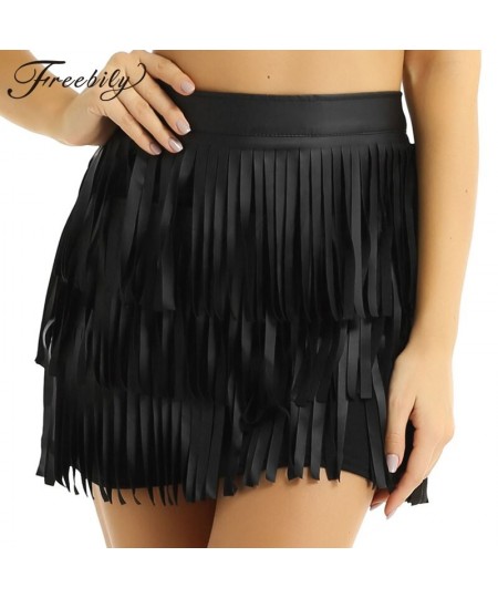 Women Black Hippie Boho PU Leather High Waist Layered Fringe Tassel Fringe Sexy Bodycon Skirt Party Clubwear Mini Skirt $37.0...