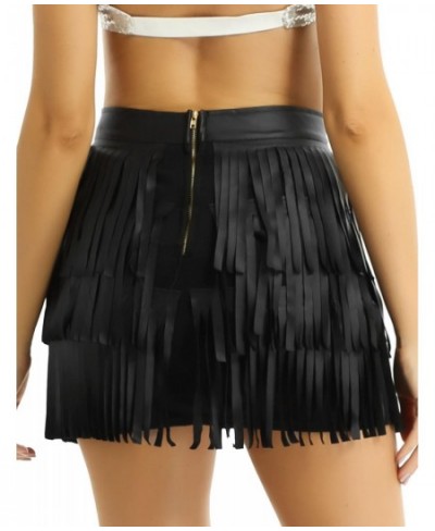 Women Black Hippie Boho PU Leather High Waist Layered Fringe Tassel Fringe Sexy Bodycon Skirt Party Clubwear Mini Skirt $37.0...