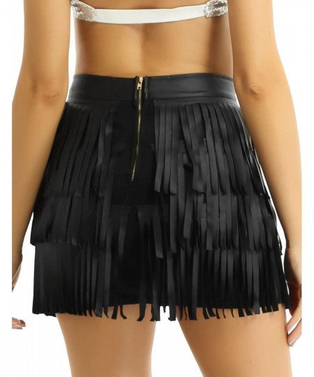 Women Black Hippie Boho PU Leather High Waist Layered Fringe Tassel Fringe Sexy Bodycon Skirt Party Clubwear Mini Skirt $37.0...