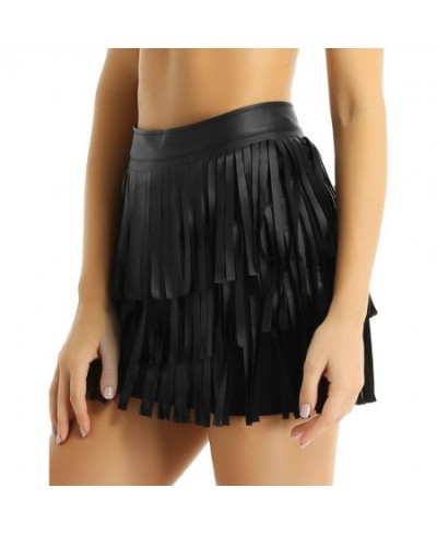 Women Black Hippie Boho PU Leather High Waist Layered Fringe Tassel Fringe Sexy Bodycon Skirt Party Clubwear Mini Skirt $37.0...