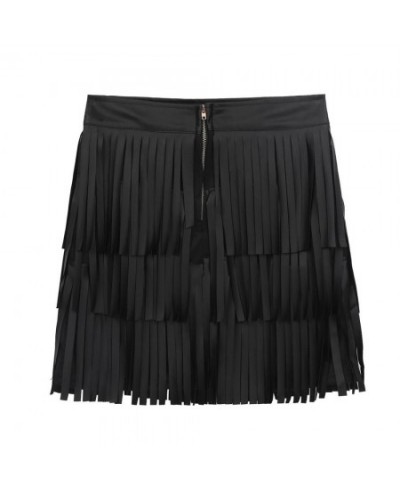 Women Black Hippie Boho PU Leather High Waist Layered Fringe Tassel Fringe Sexy Bodycon Skirt Party Clubwear Mini Skirt $37.0...