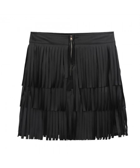 Women Black Hippie Boho PU Leather High Waist Layered Fringe Tassel Fringe Sexy Bodycon Skirt Party Clubwear Mini Skirt $37.0...