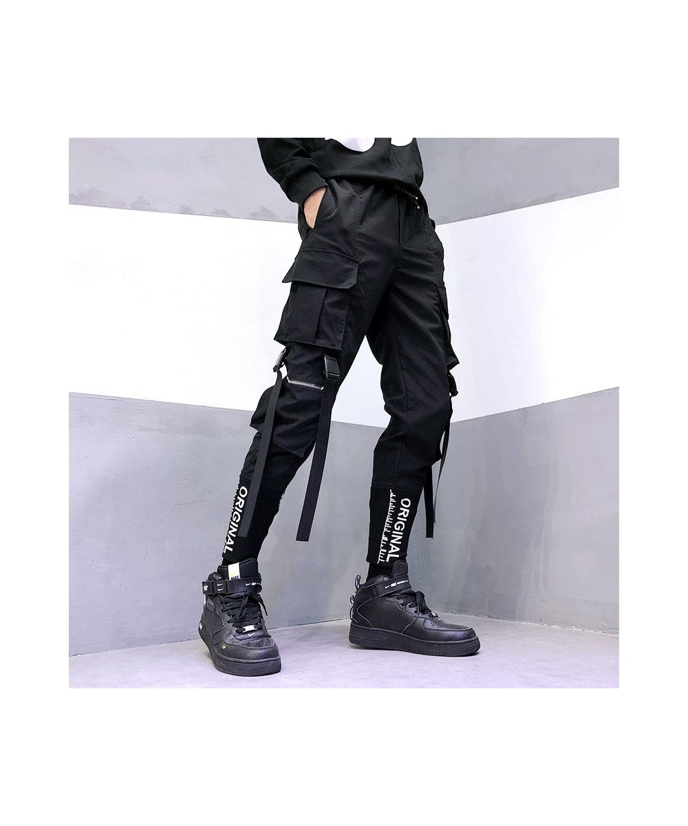 Black Streetwear Ribbons Pockets Herem Pants Men Casual Cargo Sweatpants Male Joggers pantalon homme $46.28 - Pants & Capris