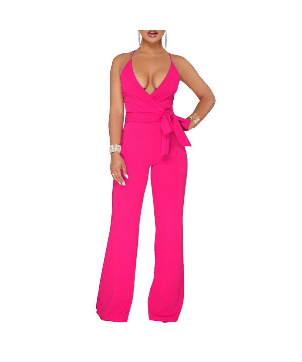 Summer Women Sexy Jumpsuit Halter V Neck Backless Solid Color Casual Wide Leg Rompers Pants AIC88 $31.57 - Jumpsuits