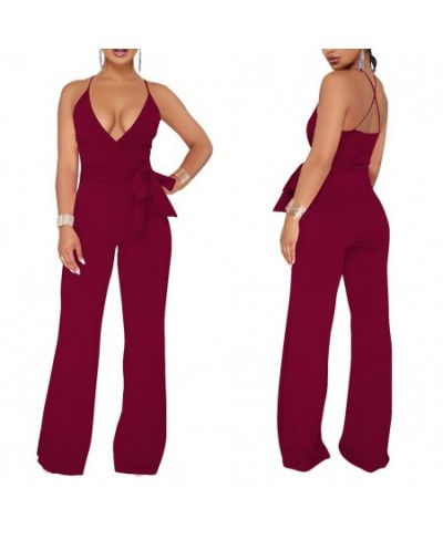 Summer Women Sexy Jumpsuit Halter V Neck Backless Solid Color Casual Wide Leg Rompers Pants AIC88 $31.57 - Jumpsuits