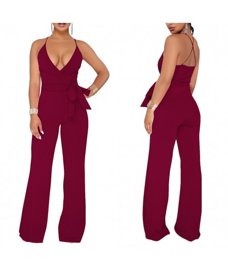 Summer Women Sexy Jumpsuit Halter V Neck Backless Solid Color Casual Wide Leg Rompers Pants AIC88 $31.57 - Jumpsuits