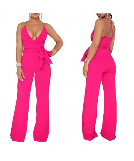 Summer Women Sexy Jumpsuit Halter V Neck Backless Solid Color Casual Wide Leg Rompers Pants AIC88 $31.57 - Jumpsuits