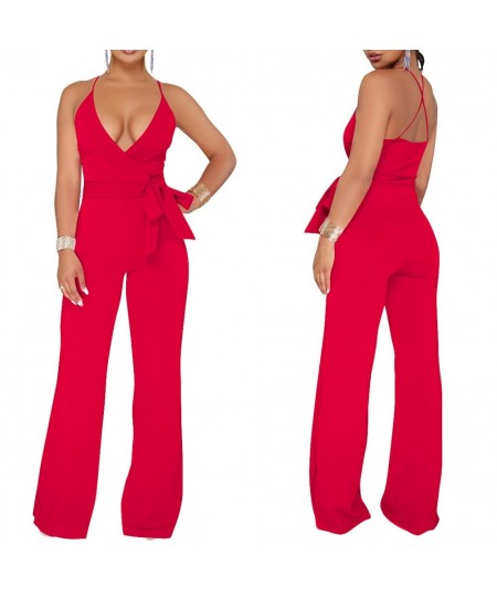 Summer Women Sexy Jumpsuit Halter V Neck Backless Solid Color Casual Wide Leg Rompers Pants AIC88 $31.57 - Jumpsuits