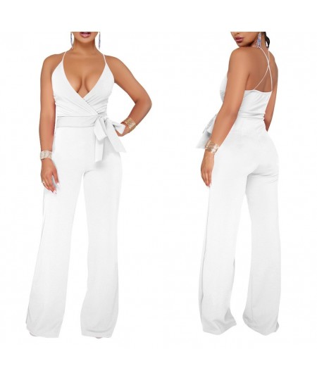 Summer Women Sexy Jumpsuit Halter V Neck Backless Solid Color Casual Wide Leg Rompers Pants AIC88 $31.57 - Jumpsuits