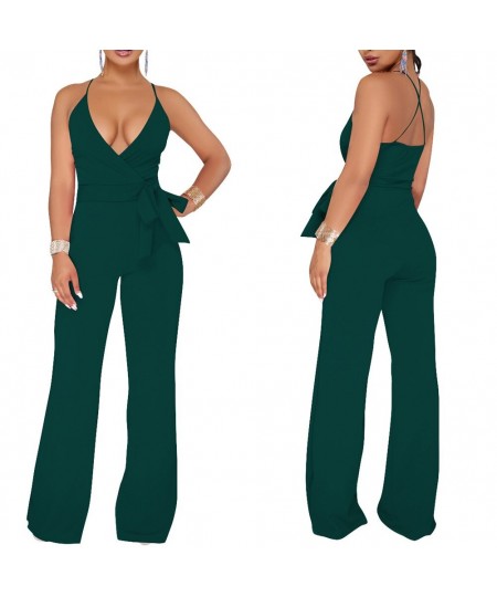 Summer Women Sexy Jumpsuit Halter V Neck Backless Solid Color Casual Wide Leg Rompers Pants AIC88 $31.57 - Jumpsuits