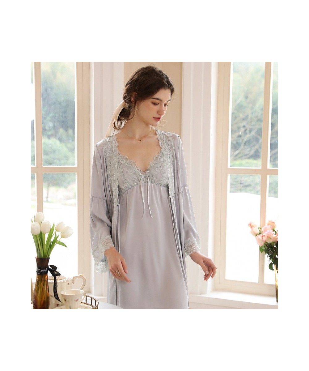 Women Sexy Two-Pieces Silk Night Dress Summer Spaghetti Strap V-neck Nightie Loose Long Sleeves Lace Morning Robe Sexi Bath $...