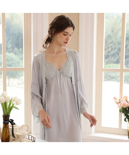 Women Sexy Two-Pieces Silk Night Dress Summer Spaghetti Strap V-neck Nightie Loose Long Sleeves Lace Morning Robe Sexi Bath $...